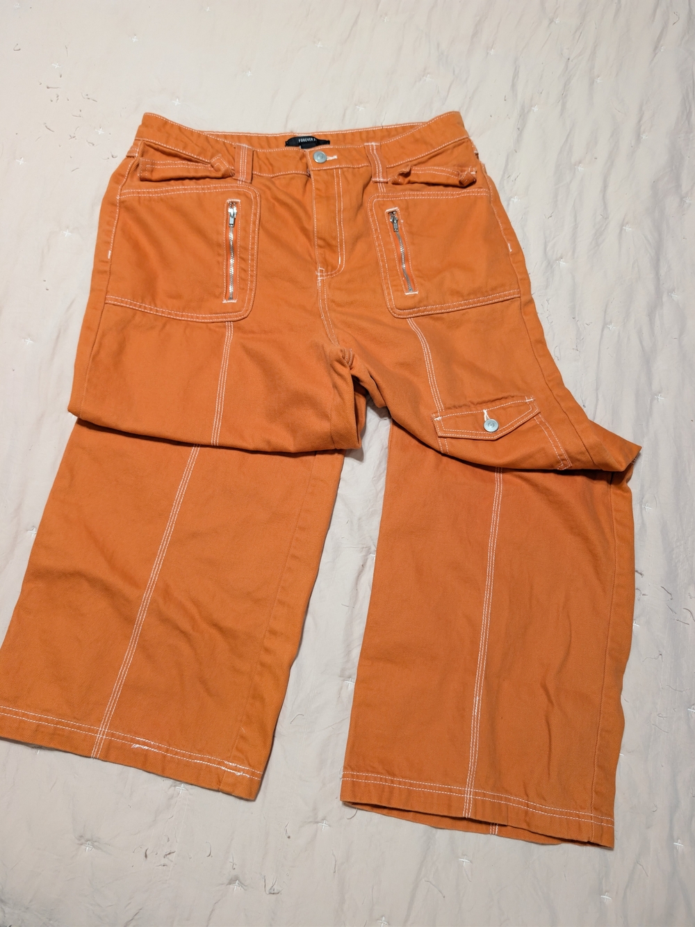 Forever 21 Orange Wide Leg Cargo Pants Contrast Stitch Zipper Pockets Y2K  XL